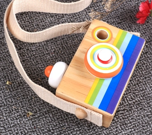Creative wooden camera kaleidoscope toy for kids with colorful rainbow stripes and strap