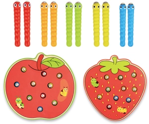 Macro view of magnetic rainbow caterpillars with apple and strawberry wooden bases