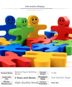 Detailed view of colorful wooden balance blocks and packaging specs for toddlers