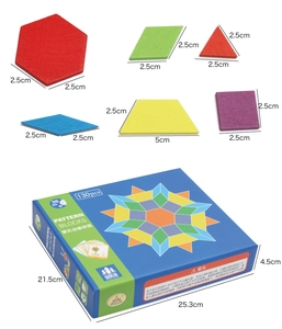 Detail view of 130 wooden geometric blocks and sizes for Montessori creative puzzle set