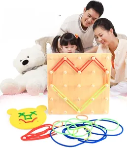 Wooden geoboard set with rubber bands and yellow bear threading toy for early learning