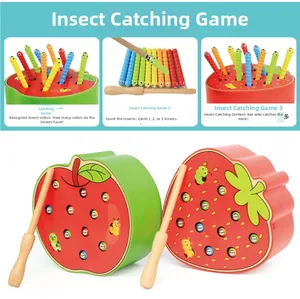 Close-up of wooden magnetic bug catching toy for toddler color cognition and motor skills