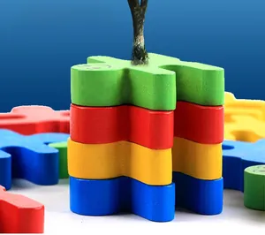 Close-up of colorful stackable wooden balancing blocks for children's educational play