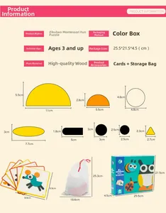 Detailed size guide for wooden Montessori animal puzzle blocks with storage bag and box