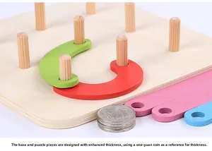 Macro view of thickened wooden puzzle base and colorful pieces with thickness comparison