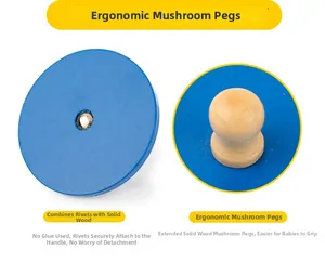 Detail of wooden geometric puzzle with ergonomic mushroom handle and rivet reinforcement