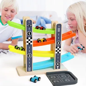 Four-layer wooden gliding race track toy with colorful ramps and mini cars for kids