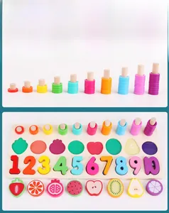 Detailed view of wooden number puzzle with fruit matching pieces and colorful rings