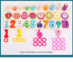 Detailed view of wooden Montessori puzzle board with colorful numbers and fruit shapes