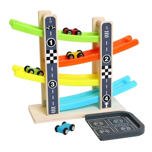 Four-layer wooden toddler race track car glider toy with colorful slides and parking lot