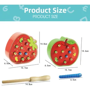 Detailed size chart of wooden strawberry and apple magnetic bug catching educational toys