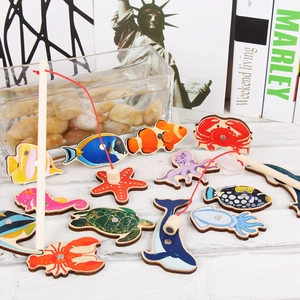 Jeu de pêche magnétique en bois de 32 pièces pour enfants avec figurines de mer