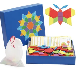 Montessori Wooden Pattern Blocks Geometric Shape Puzzle Educational Toys For Children Creative Tangram Brain Teaser