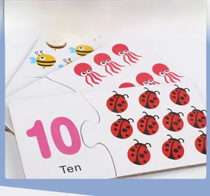 Macro detail of kids number matching cards showing ten ladybugs and English words