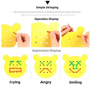 Educational yellow bear threading board for kids showing hand-on operation and expressions