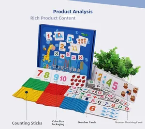 Detailed set of wooden counting sticks and animal number pairing cards for math learning