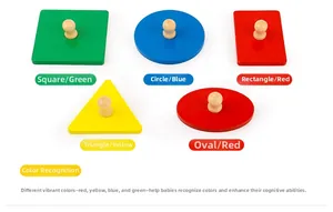 Top-down view of Montessori wooden puzzle with five geometric shapes for toddler learning
