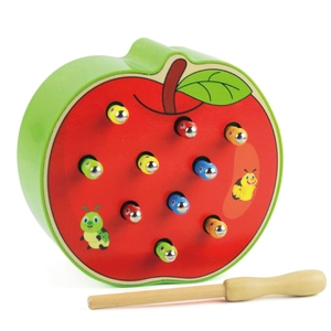 Apple shaped wooden magnetic bug catching toy for kids to improve hand-eye coordination