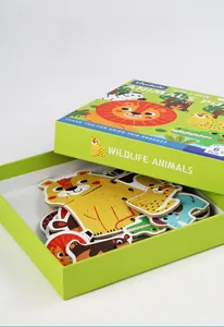 Detail of 6-piece wooden animal puzzle set for toddlers in a wildlife storage box