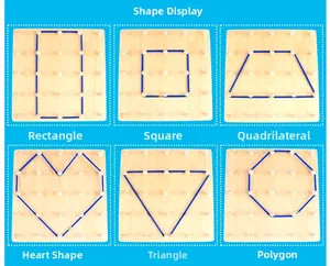 Educational wooden geoboard set showing various geometric shapes with blue rubber bands
