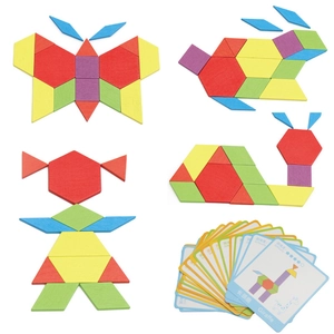 Montessori wooden puzzle set with colorful geometric blocks and 4 creative patterns