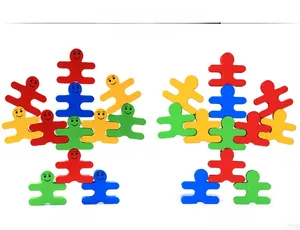 Front and back detail of colorful wooden balance human blocks with smiley face designs