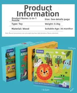 Detailed view of 6-in-1 wooden animal puzzle set for toddlers showing size and material