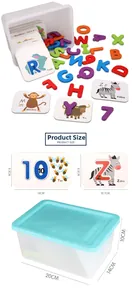 Dimensions détaillées des cartes alphabet animaux, lettres bois et boîte de rangement