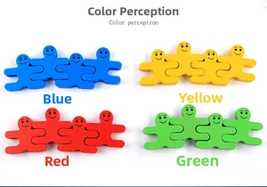 Close-up of interlocking wooden balance blocks in blue, yellow, red, and green colors