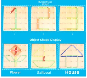 Wooden geoboard detail showing creative elastic band shapes of numbers and houses