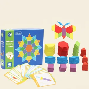 130-piece Montessori wooden geometric puzzles with colorful pattern building cards