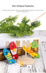 Close-up of wooden magnetic fishing toy with numbered colorful fish and a fishing rod