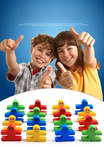 Rainbow colored wooden balancing blocks for kids featuring smiling face designs and wood texture