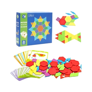 130-piece Montessori wooden geometric puzzle set with creative challenge cards for kids