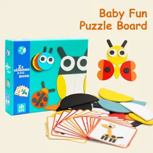 Educational wooden geometric animal puzzle set with colorful blocks and guide cards