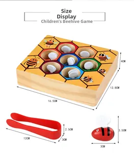 Detailed size dimensions of Montessori wooden beehive toy with bees and red tweezers