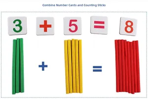 Educational math set showing wooden counting sticks and number cards for addition practice