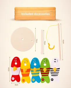 Detail view of wooden fishing game set showing colorful numbered fish and a magnetic rod