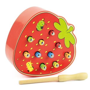 Educational strawberry magnetic bug catching wooden toy for toddler hand-eye coordination