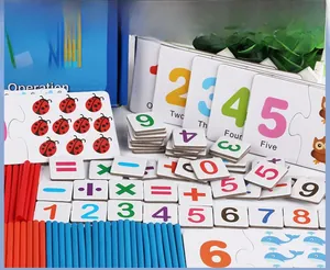 Detail of wooden math learning set with colorful counting sticks and number blocks