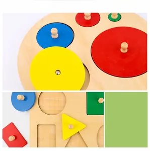Detail of wooden geometric puzzle with colorful shapes and easy-grip knobs for kids