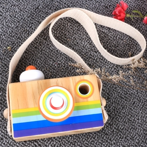 Wooden toy camera kaleidoscope with colorful rainbow stripes and woven cotton strap