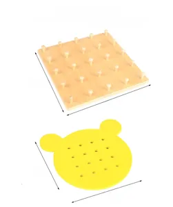 Detailed view of square wooden pegboard and yellow bear base for educational threading toy