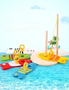 Detailed view of colorful numbered wooden fish and magnetic rod for toddler learning