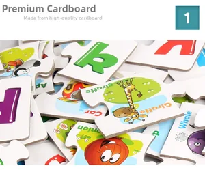 Macro view of thick cardboard alphabet puzzles with colorful cartoon animal illustrations