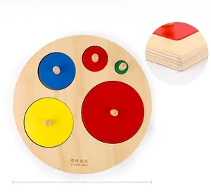Detail view of Montessori wooden geometric circular puzzle with dimensions 22.8cm and 1.1cm thickness