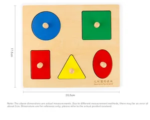 Detailed view of wooden geometric puzzle board with dimensions 20.5cm x 17.5cm