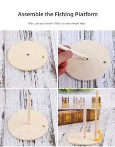 Step-by-step assembly of the wooden fishing toy base with yellow hook attachment