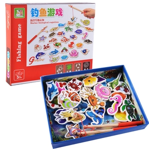 Jeu de pêche magnétique en bois avec animaux marins et boîte cadeau rouge
