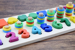 Detailed close-up of Montessori wooden math puzzle with colorful numbers and shapes